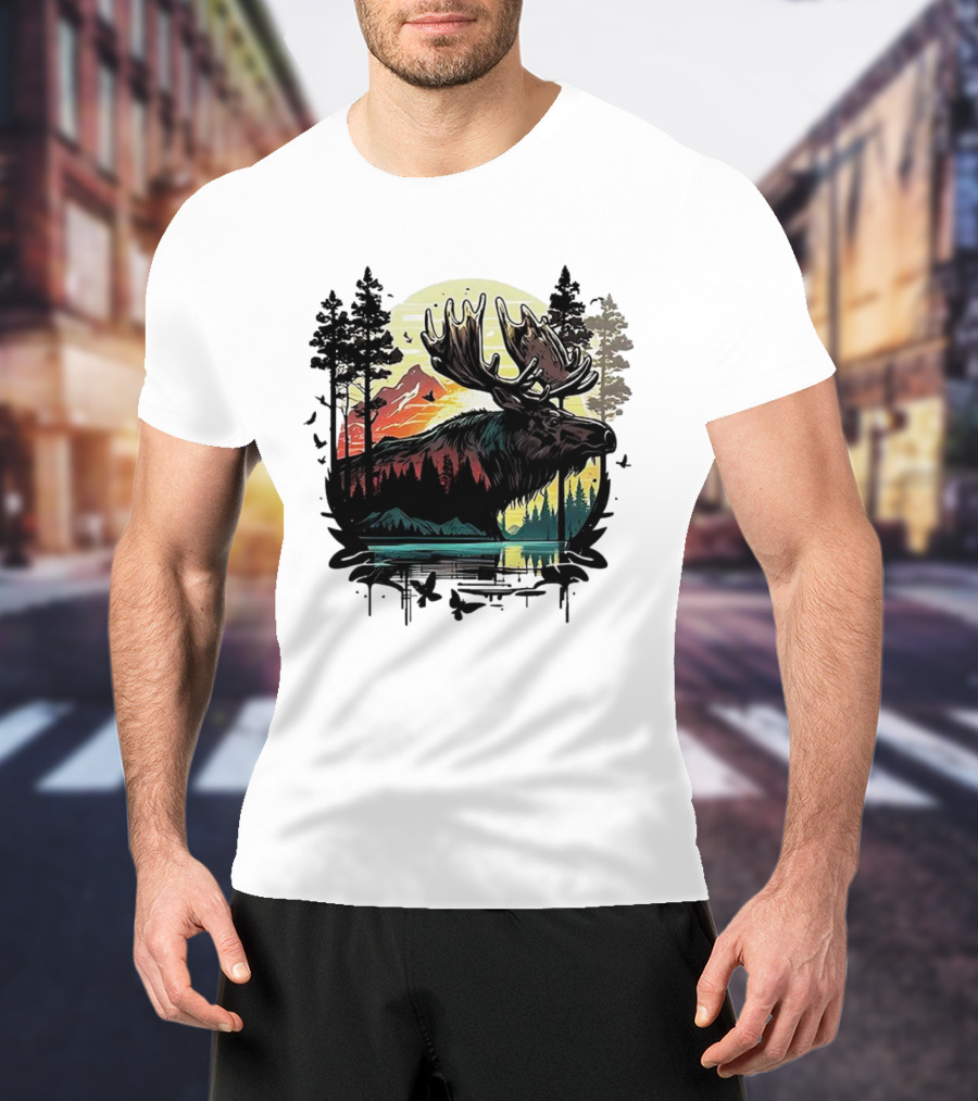 Moose In The Forest With Sunset And Mountain Landscape T-Shirt