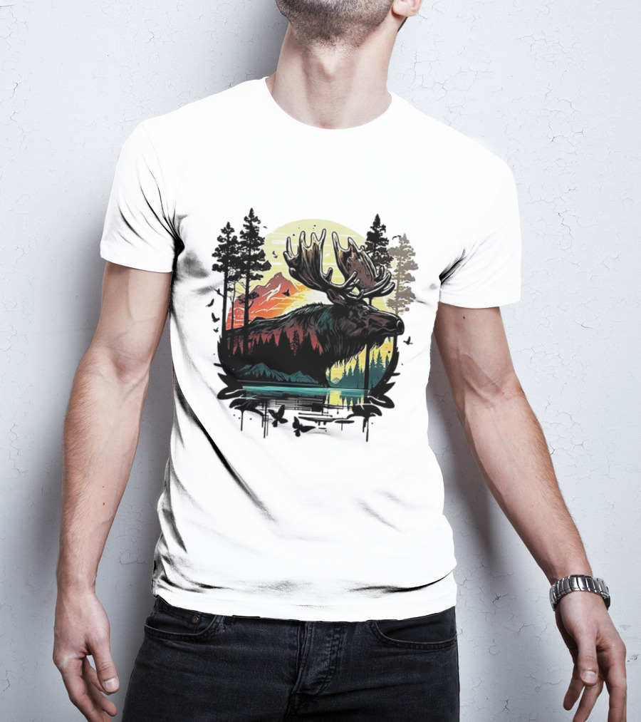 Moose In The Forest With Sunset And Mountain Landscape T-Shirt
