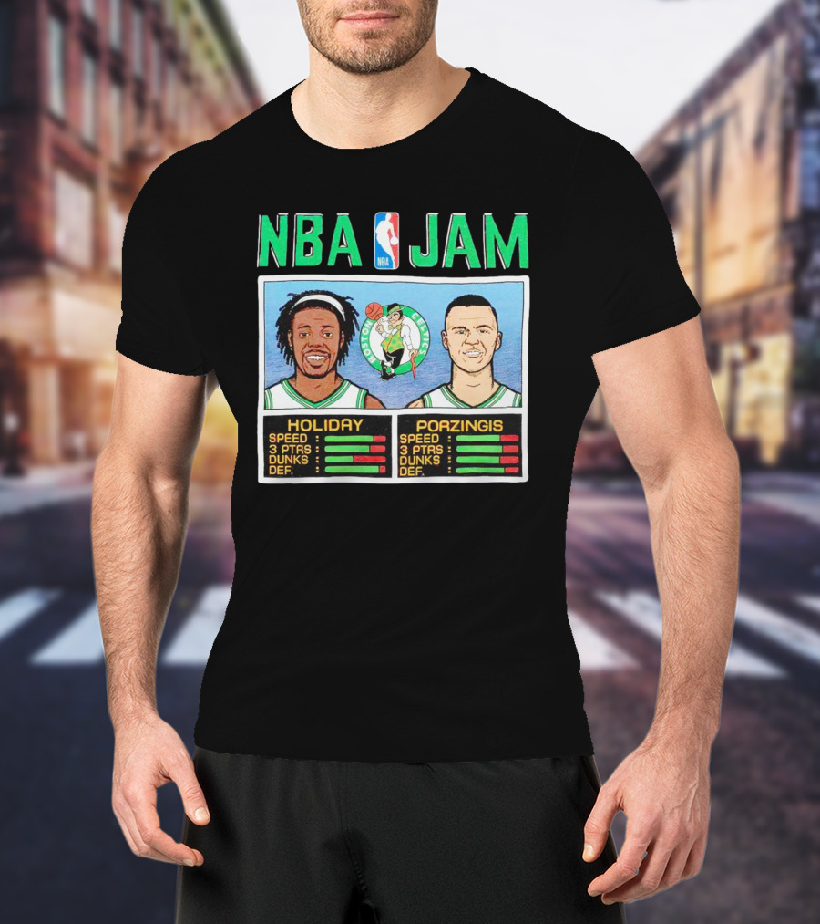 NBA Jam Celtics Holiday Porzingis Stats T-Shirt