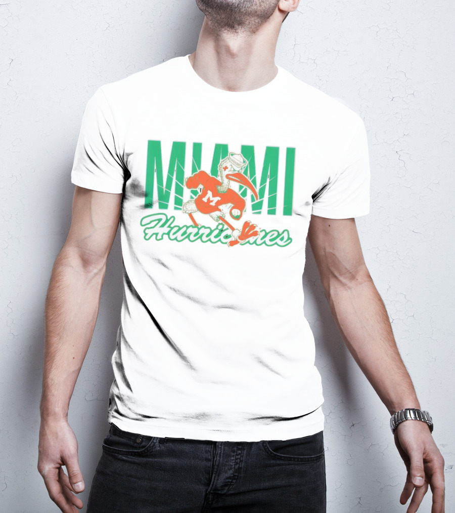 Miami Hurricanes Sebastian The Ibis Mascot With Bold Lettering T-Shirt