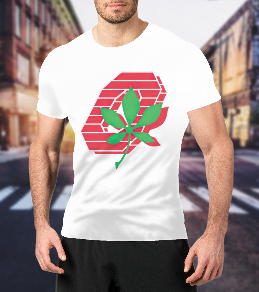Ohio State Buckeyes Scarlet And Gray O With Green Leaf Emblem T-Shirt