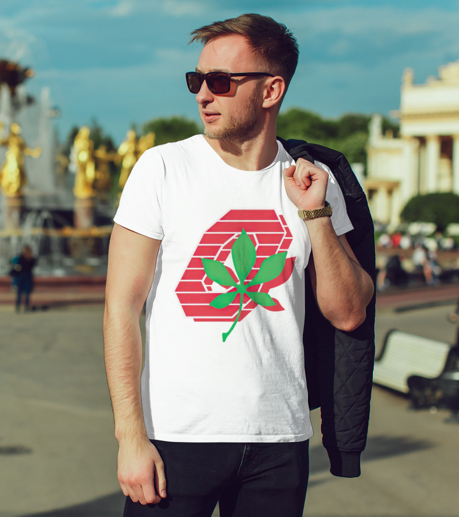 Ohio State Buckeyes Scarlet And Gray O With Green Leaf Emblem T-Shirt