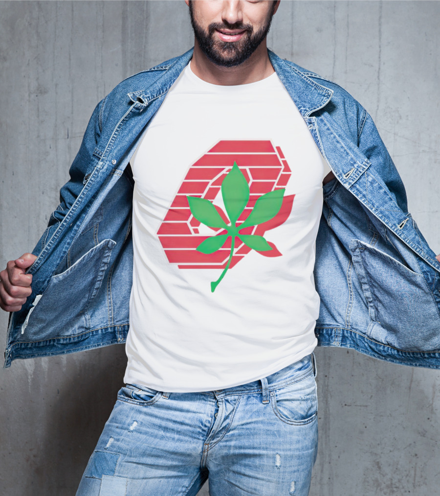 Ohio State Buckeyes Scarlet And Gray O With Green Leaf Emblem T-Shirt