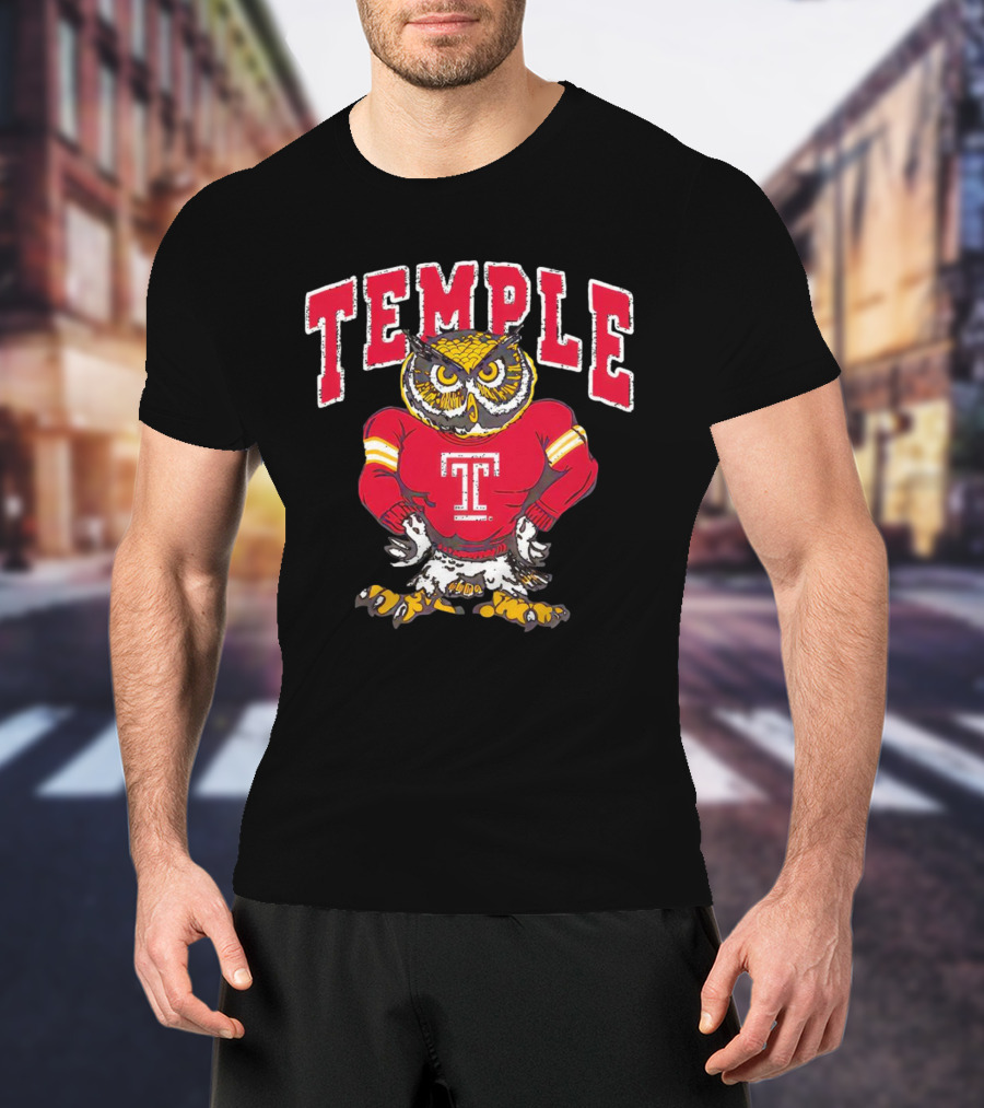 Temple Owls Football Mascot In Red Jersey With Bold Temple Text T-Shirt