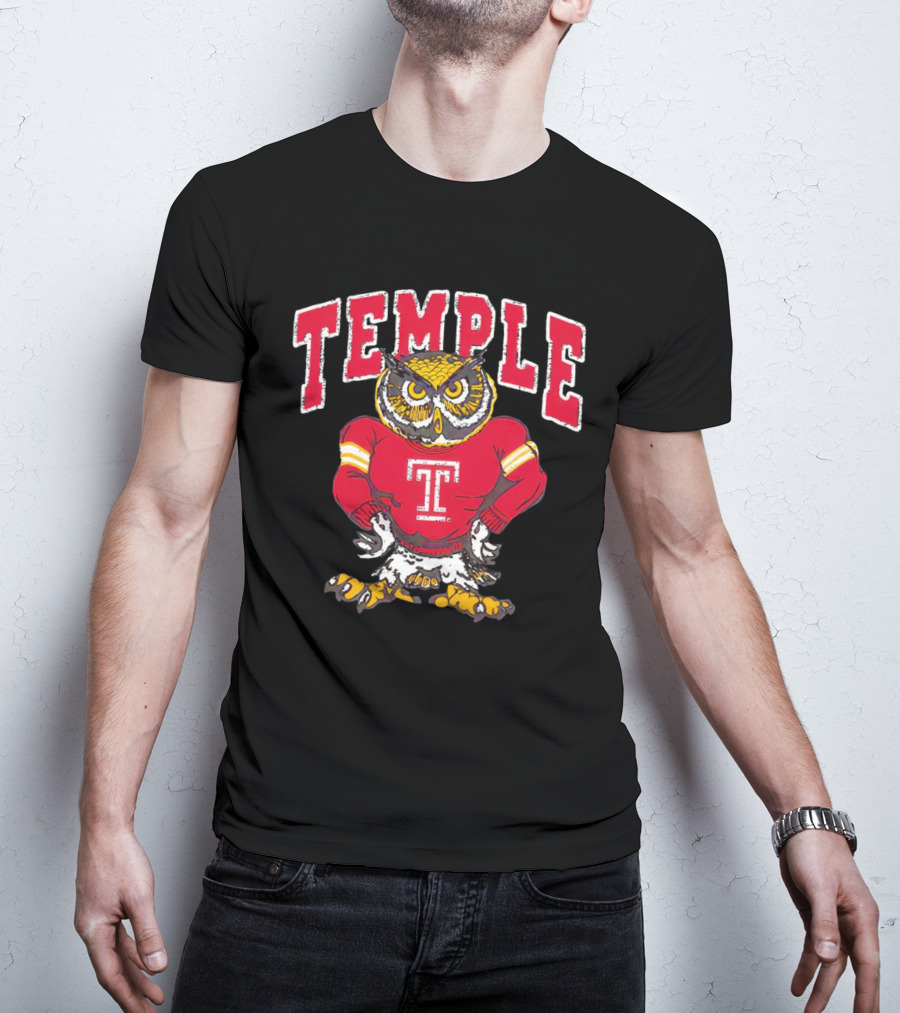 Temple Owls Football Mascot In Red Jersey With Bold Temple Text T-Shirt