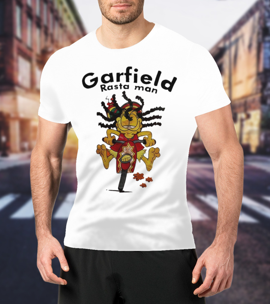 Garfield Rasta Man Dreadlocks Bicycle Whimsical Fun T-Shirt
