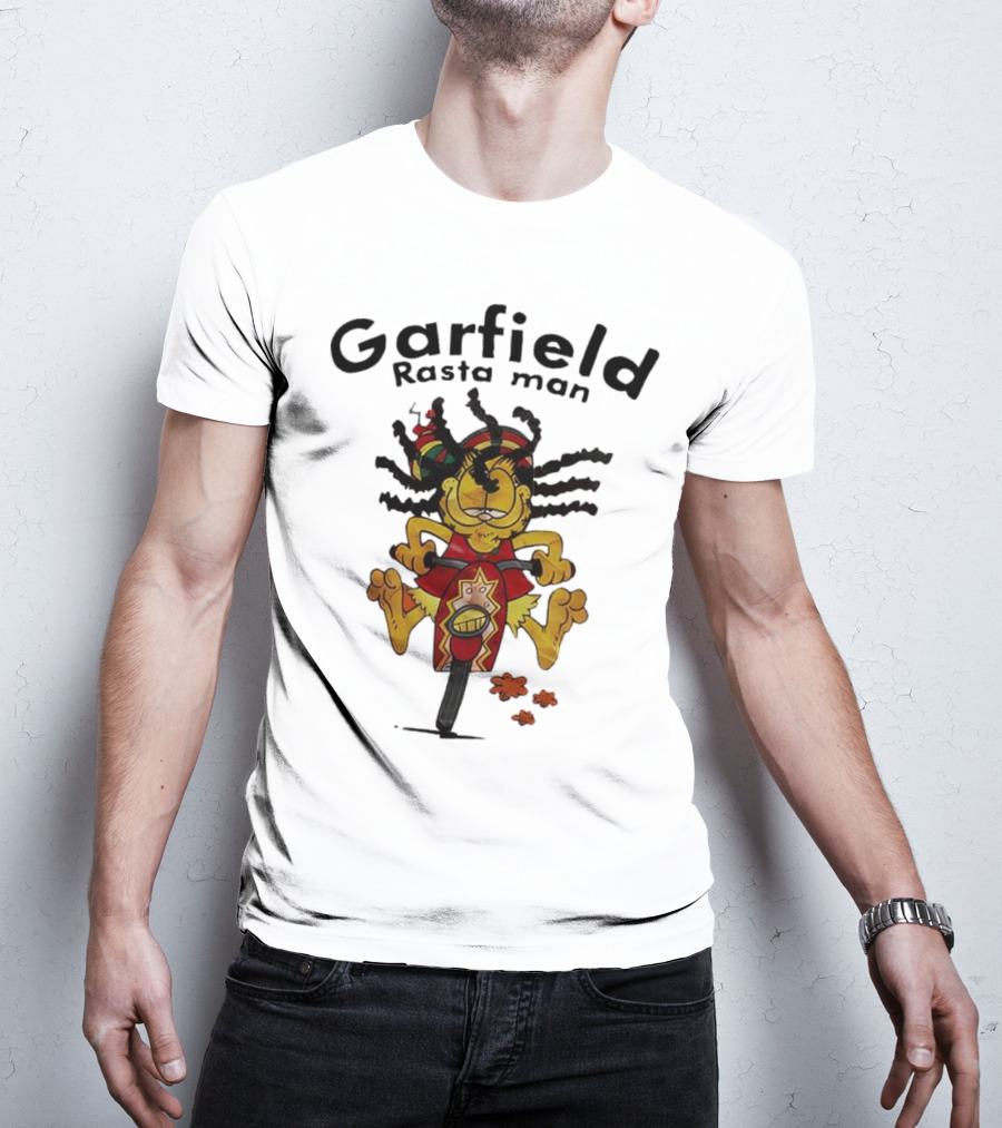 Garfield Rasta Man Dreadlocks Bicycle Whimsical Fun T-Shirt