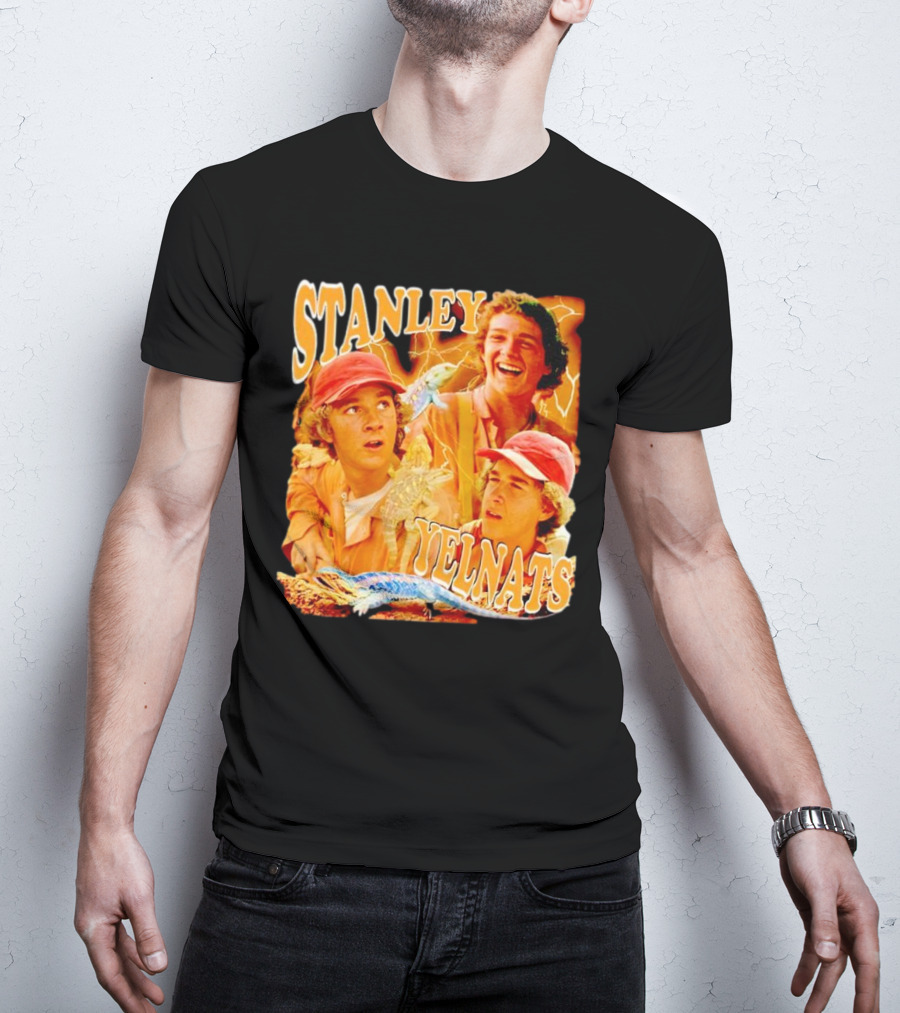 Stanley Yelnats Character Collage With Orange Background And Lizard T-Shirt