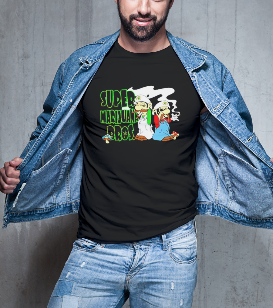 Super Marijuana Bros Weed Parody With Smoking Characters And Mushrooms T-Shirt