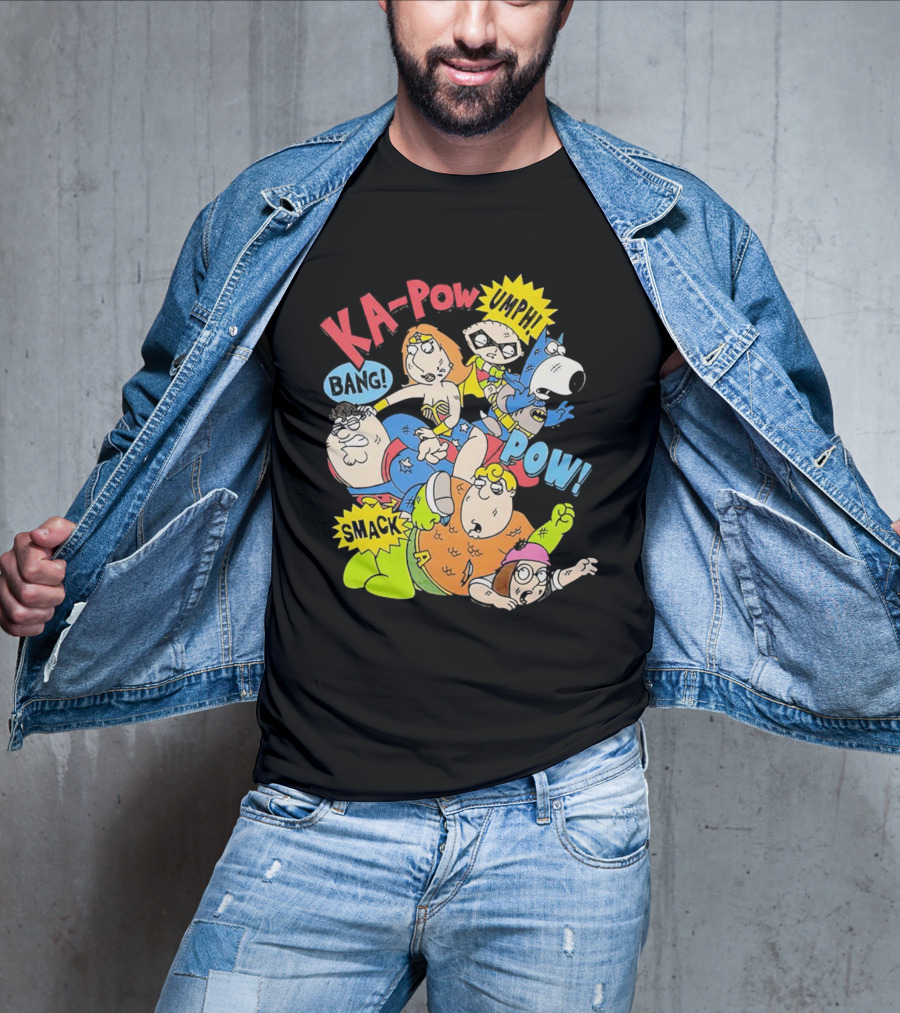 Family Guy Superhero Stewie Brian Peter Lois Chris Meg Ka-Pow Bam Pow Smack Bang T-Shirt