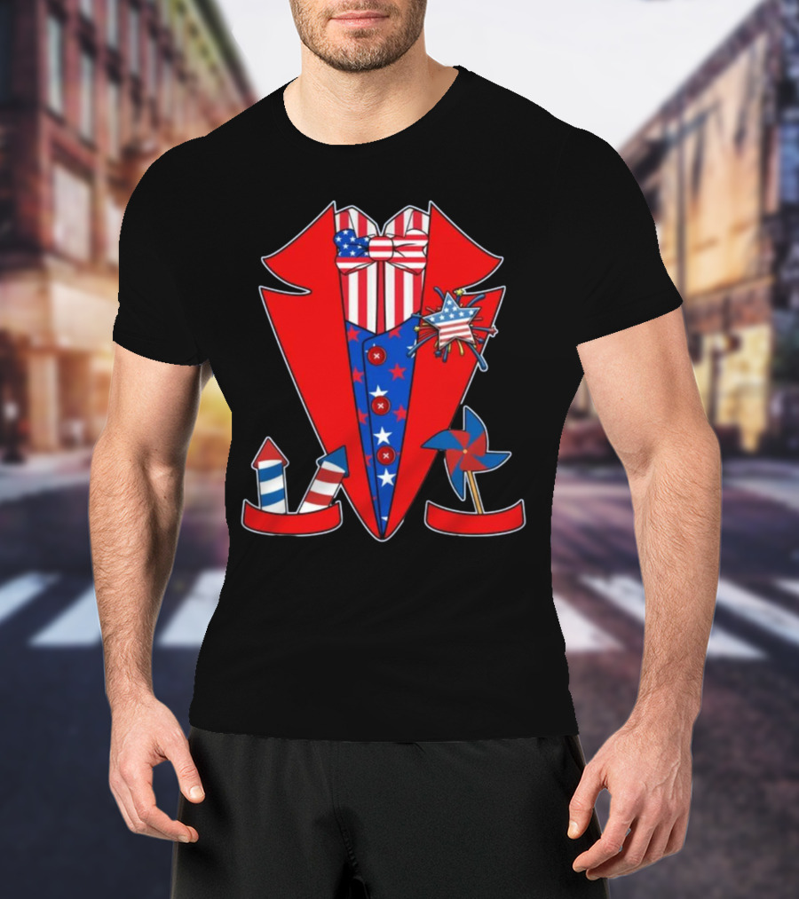 Patriotic Red White Blue Tuxedo With Stars Stripes And Rocket Pinwheels T-Shirt