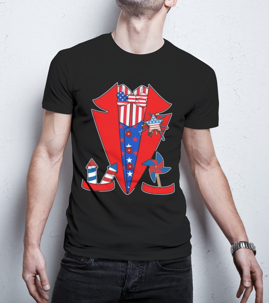 Patriotic Red White Blue Tuxedo With Stars Stripes And Rocket Pinwheels T-Shirt