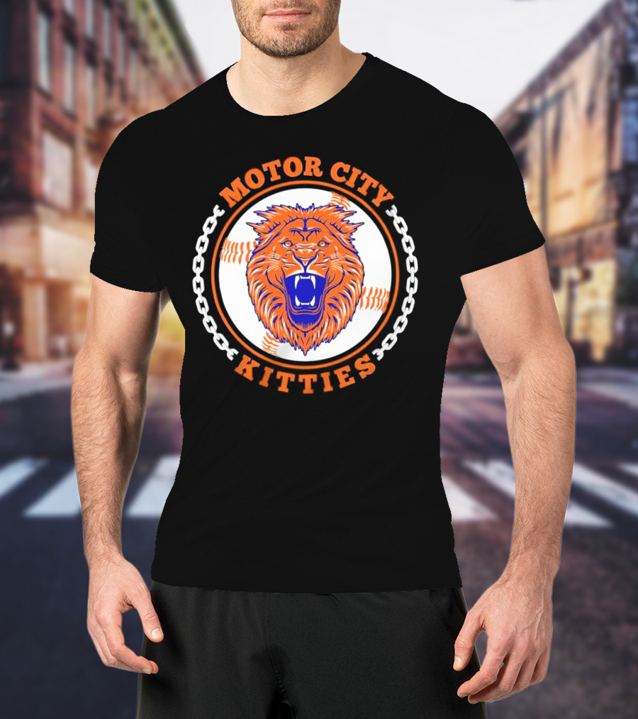 Motor City Kitties Baseball MLB Detroit Tigers Lion Chain Emblem T-Shirt