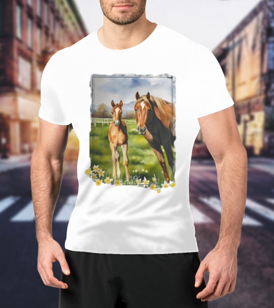 Ginger And Freddie Horses In Scenic Pasture With Daffodils T-Shirt