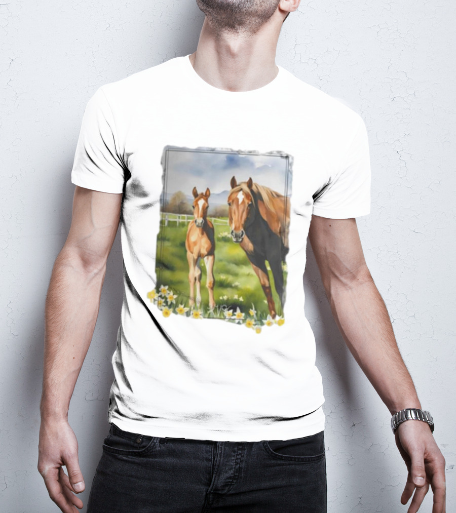 Ginger And Freddie Horses In Scenic Pasture With Daffodils T-Shirt