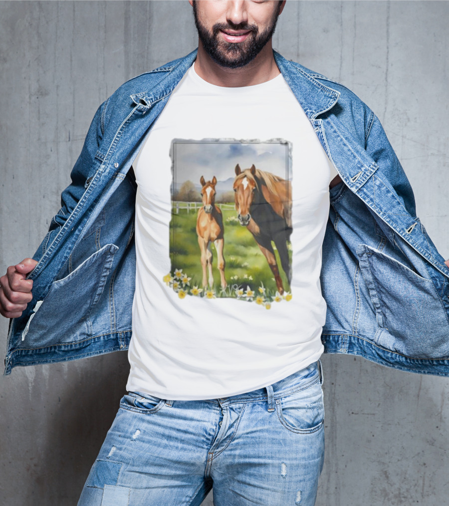 Ginger And Freddie Horses In Scenic Pasture With Daffodils T-Shirt