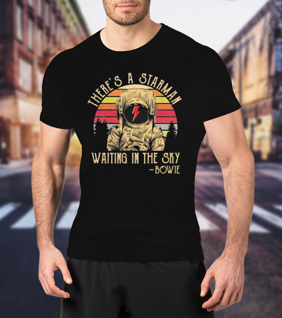 There's A Starman Waiting In The Sky Bowie Vintage Astronaut Rainbow Lightning T-Shirt