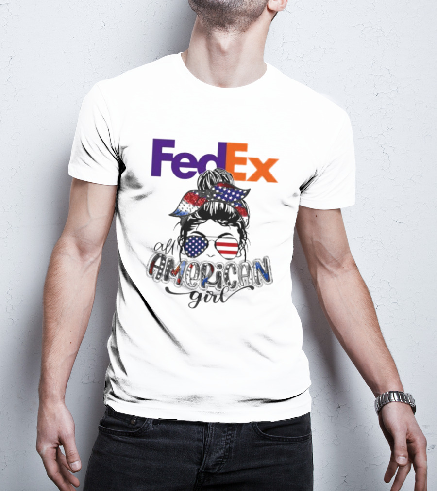 FedEx All American Girl Messy Bun Bandana And Sunglasses With Flag Elements T-Shirt