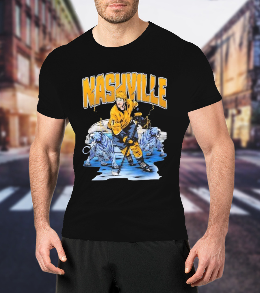 Nashville Predators Filip Forsberg Hockey Number 9 Action With Ice Background And Predators Lions T-Shirt