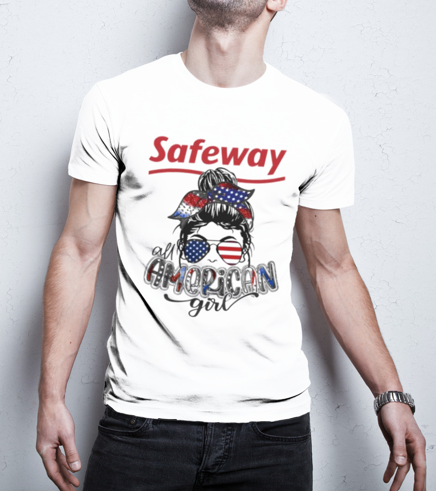 Safeway All American Girl Messy Bun Red White Blue Glasses Bandana T-Shirt