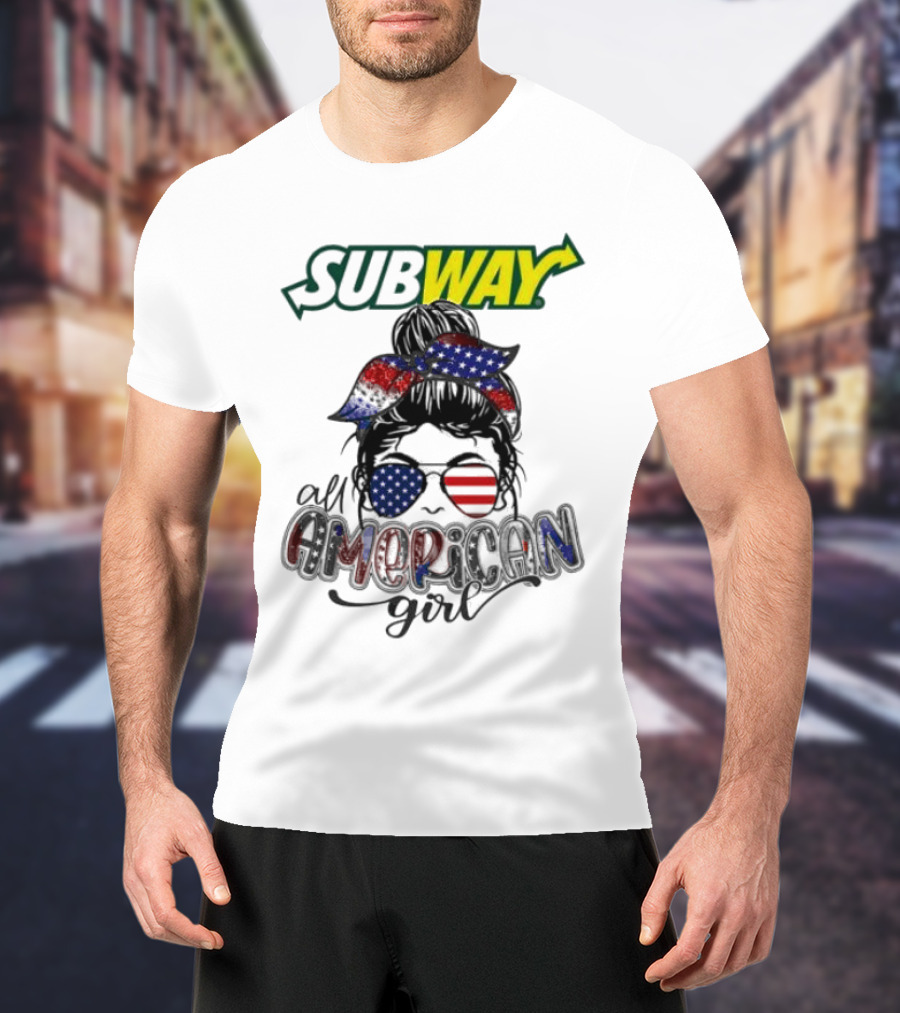 Subway All American Girl Messy Bun Patriotic Bandana And Sunglasses T-Shirt