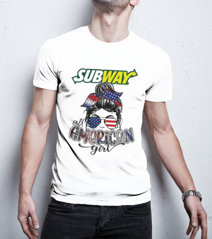 Subway All American Girl Messy Bun Patriotic Bandana And Sunglasses T-Shirt
