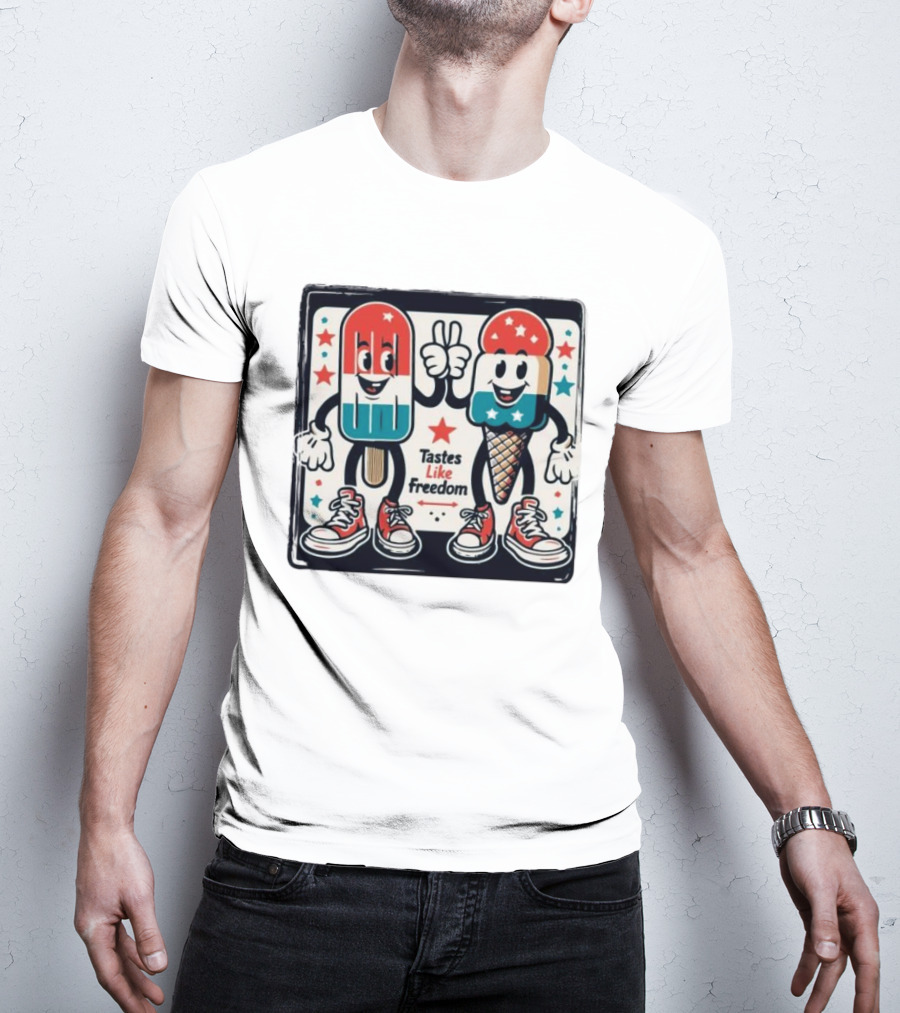 Tastes Like Freedom Popsicle And Ice Cream Characters With Stars And Sneakers T-Shirt