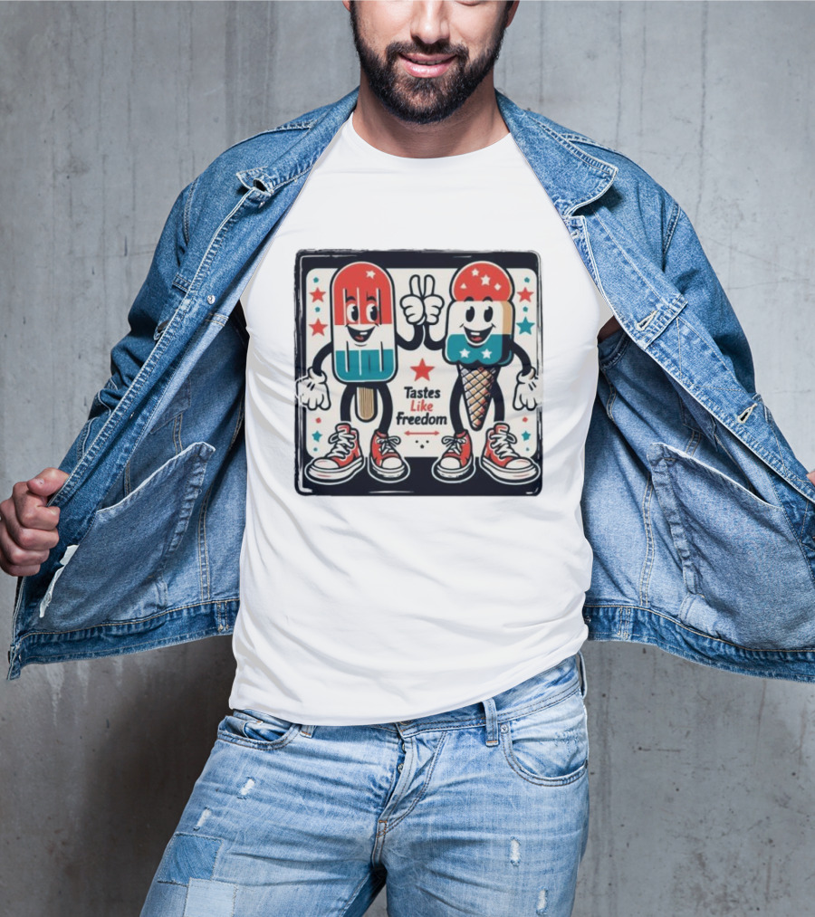 Tastes Like Freedom Popsicle And Ice Cream Characters With Stars And Sneakers T-Shirt