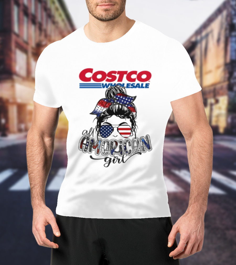 Costco Wholesale All American Girl Messy Bun Sunglasses Bandana USA Flag T-Shirt