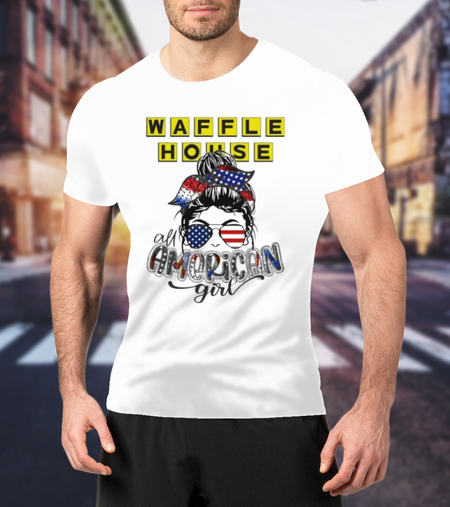 Waffle House All American Girl Messy Bun Patriotic USA Flag Glasses T-Shirt