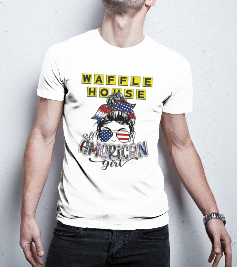 Waffle House All American Girl Messy Bun Patriotic USA Flag Glasses T-Shirt