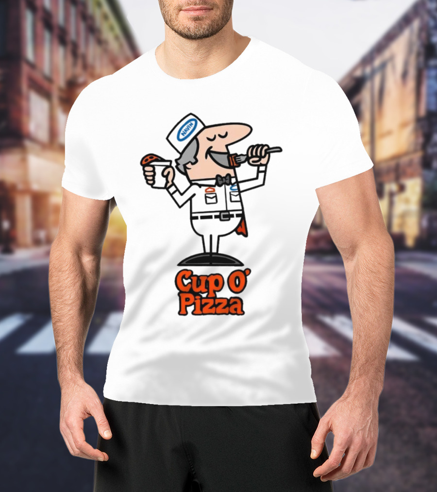 Cup O' Pizza Cartoon Character Eating From A Fork And Cup T-Shirt