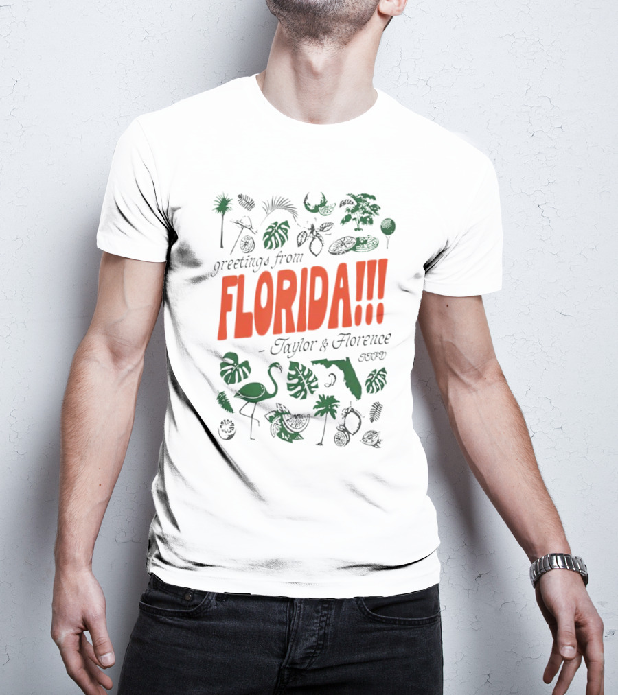 Greetings From Florida Taylor And Florence TTPD Flamingo Palm Map Iconic Tropical T-Shirt