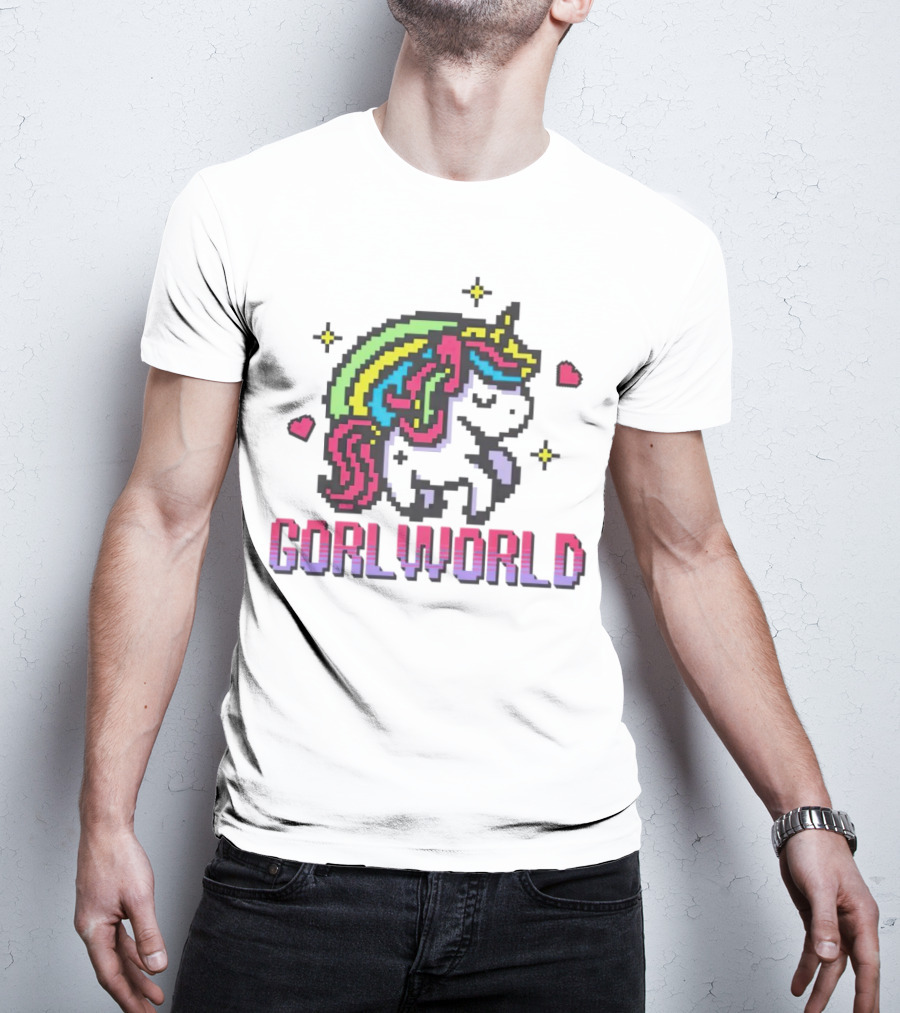 Gorl World Unicorn Retro Pixel Art Rainbow Hearts T-Shirt