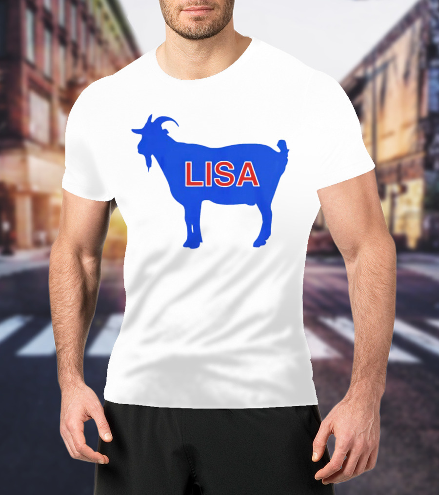 Lisa L Dubbs Goat Silhouette With Name In Bold Red Letters Blue Background T-Shirt