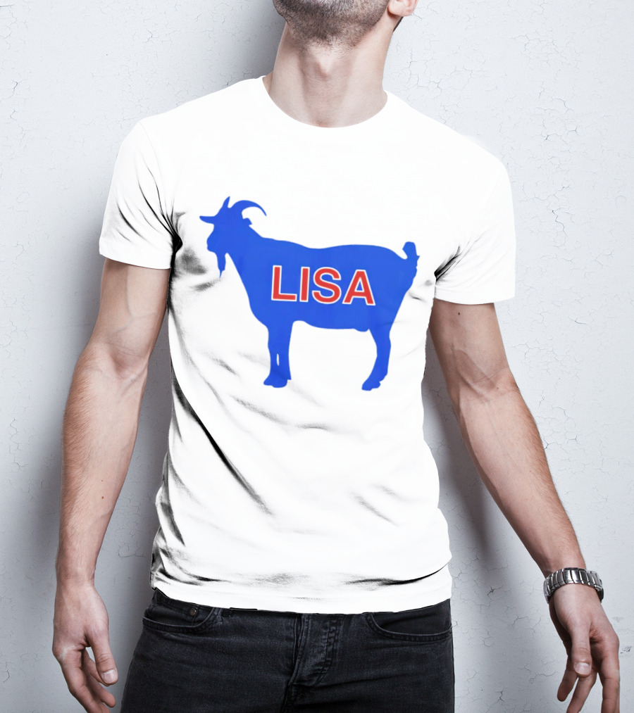 Lisa L Dubbs Goat Silhouette With Name In Bold Red Letters Blue Background T-Shirt