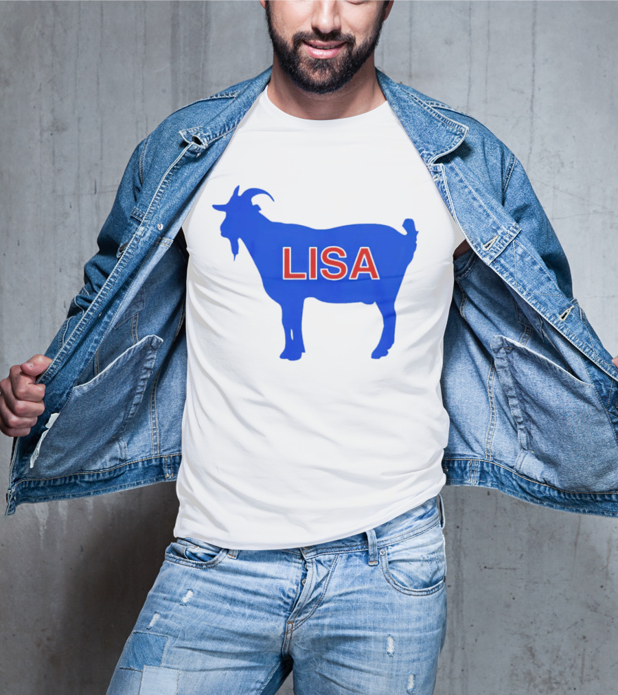 Lisa L Dubbs Goat Silhouette With Name In Bold Red Letters Blue Background T-Shirt