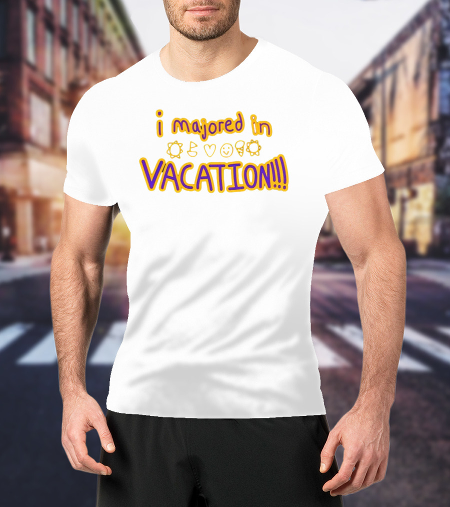 Weston Koury Wearing I Majored In Vacation Sun Heart Smile Cone Text T-Shirt