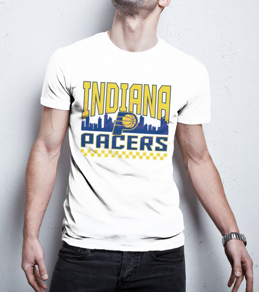 Indiana Pacers NBA Logo Skyline With Checkered T-Shirt