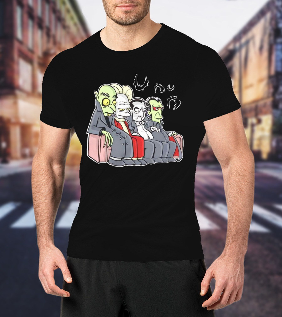 Various Versions Of Draculas Seated On A Couch With Bat Symbols T-Shirt