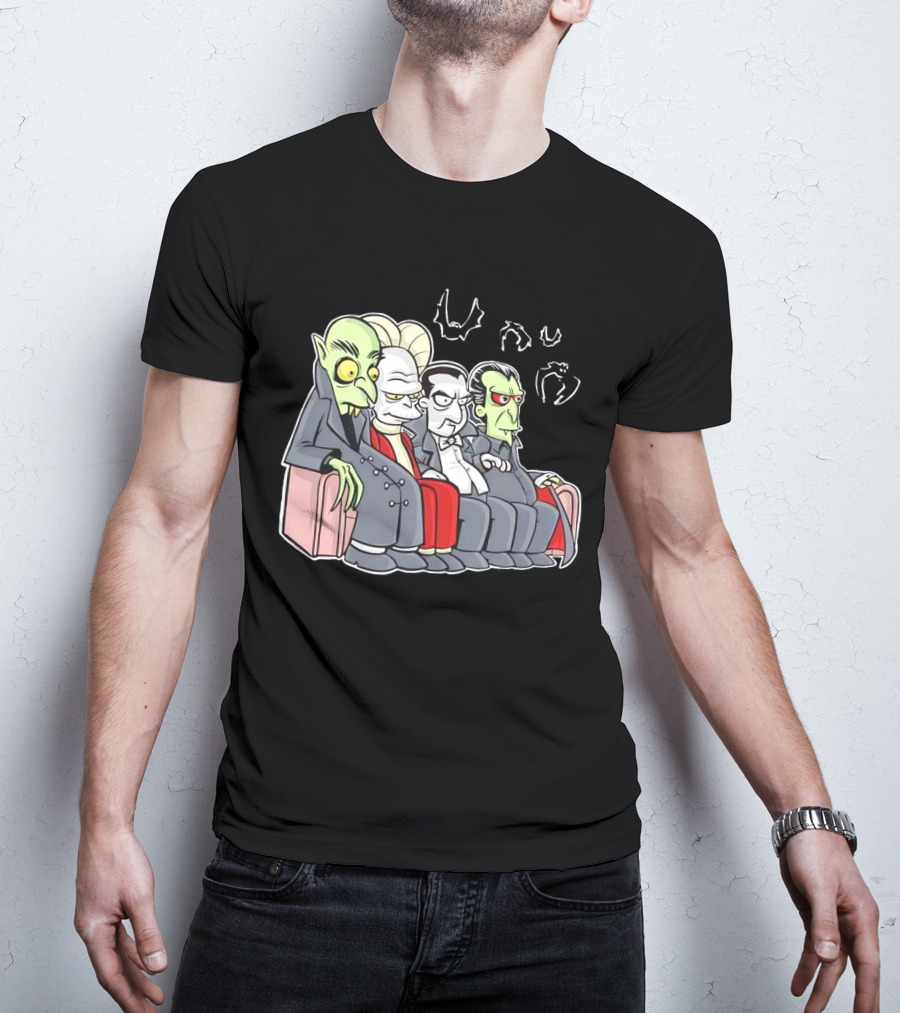 Various Versions Of Draculas Seated On A Couch With Bat Symbols T-Shirt