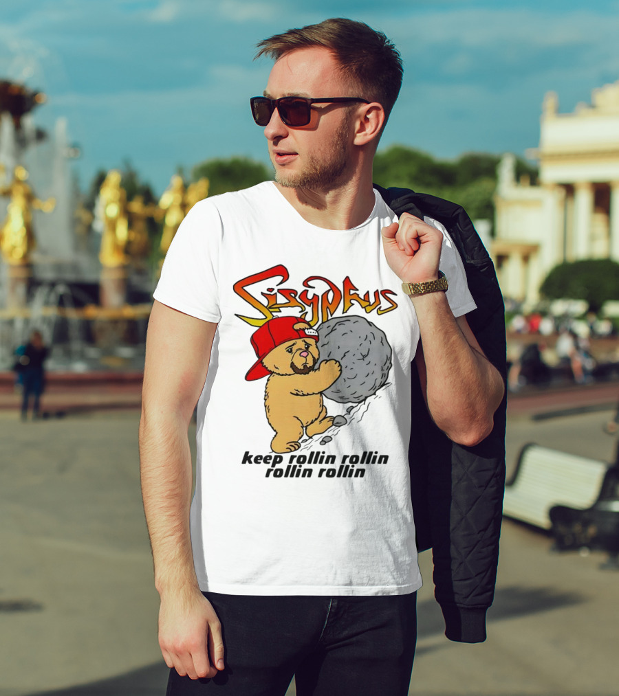 Sisyphus Keep Rollin Rollin Rollin Rollin Bear With Boulder Red Cap T-Shirt