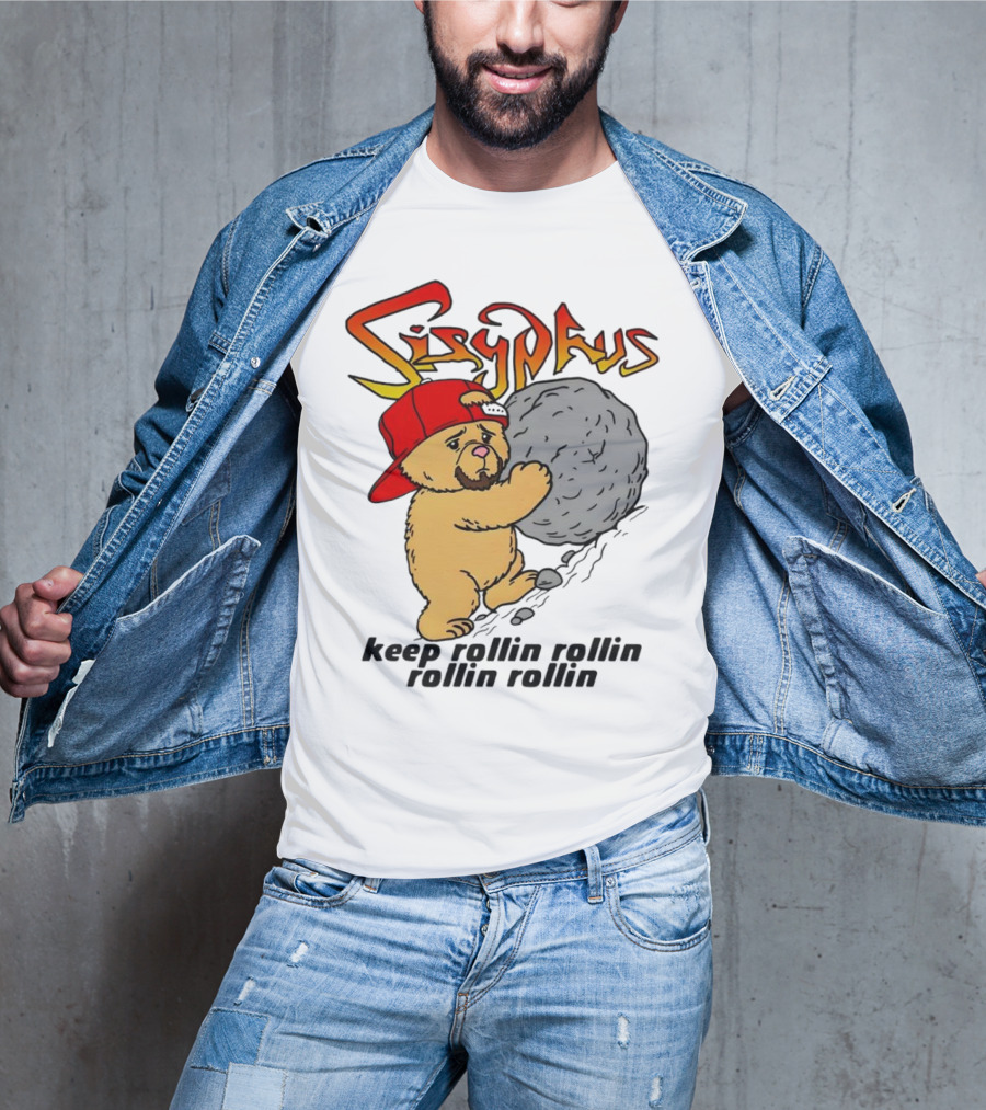 Sisyphus Keep Rollin Rollin Rollin Rollin Bear With Boulder Red Cap T-Shirt