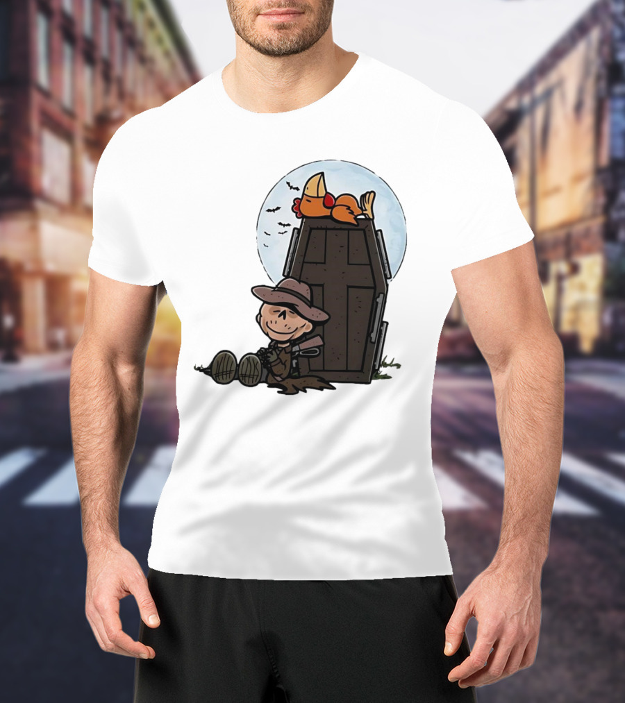 Ghoul And A Chicken From Fallout Peanuts Style Sitting By Coffin Under Moon With Bats T-Shirt