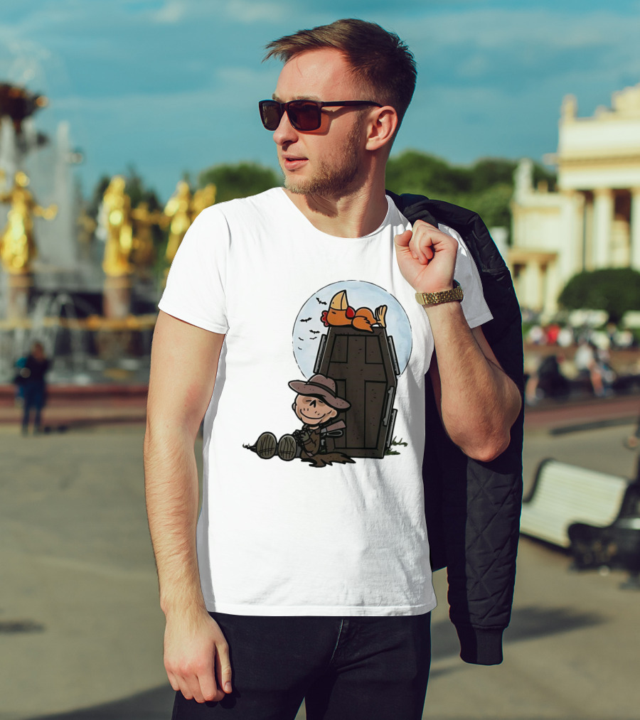 Ghoul And A Chicken From Fallout Peanuts Style Sitting By Coffin Under Moon With Bats T-Shirt