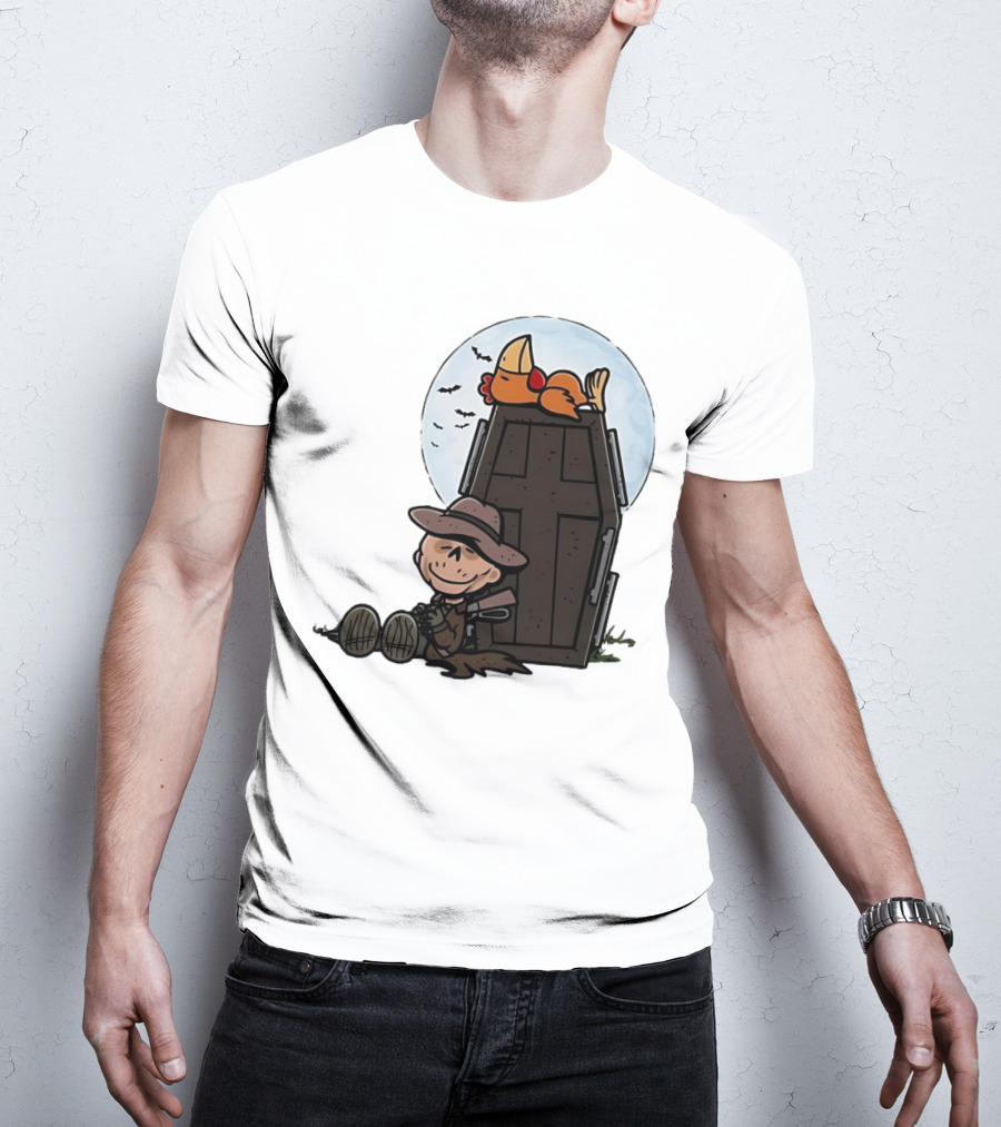 Ghoul And A Chicken From Fallout Peanuts Style Sitting By Coffin Under Moon With Bats T-Shirt
