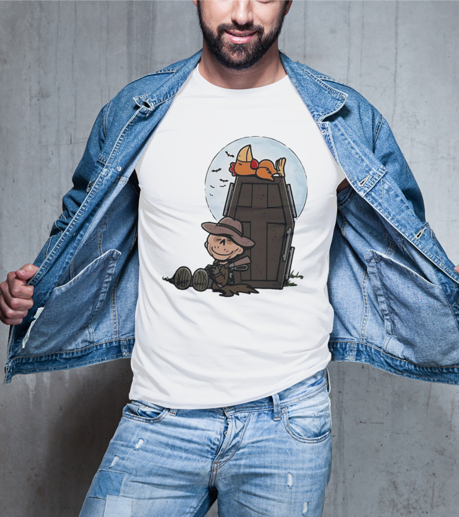 Ghoul And A Chicken From Fallout Peanuts Style Sitting By Coffin Under Moon With Bats T-Shirt
