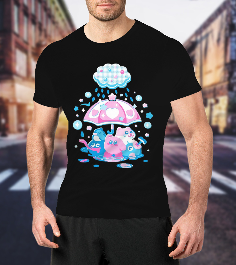 Kirby Gooey And Rick Under Heart Umbrella With Stars And Raindrops T-Shirt