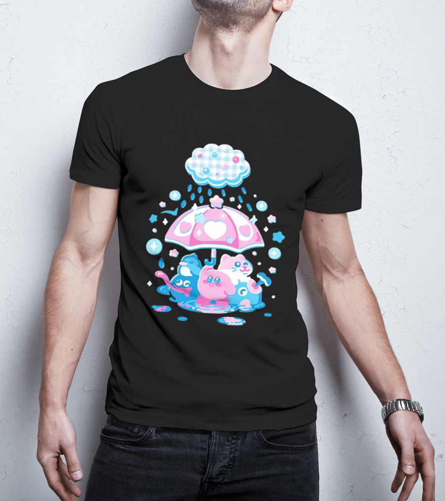 Kirby Gooey And Rick Under Heart Umbrella With Stars And Raindrops T-Shirt