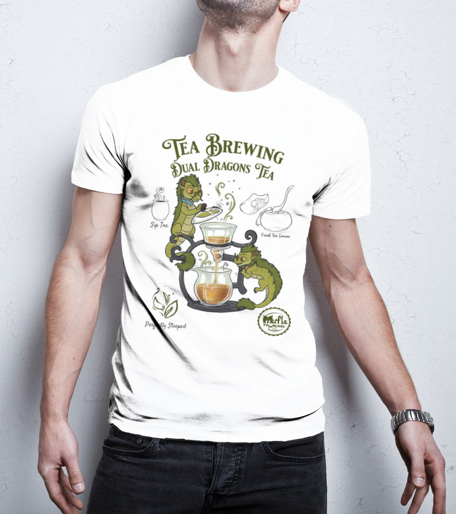 Tea Brewing Dual Dragons Sip Tea Perfectly Steeped Leaf And Kettle T-Shirt
